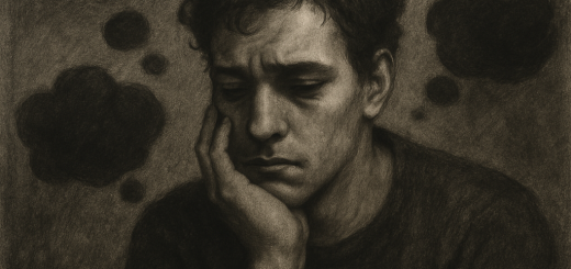 3 Dnevne misleće navike koje često iscrpljuju našu unutarnju mir i radost | A person in contemplation, surrounded by floating thoughts, with a somber atmosphere reflecting inner turmoil.