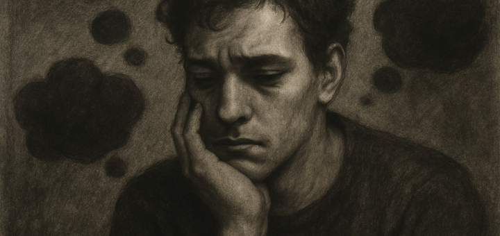 3 Dnevne misleće navike koje često iscrpljuju našu unutarnju mir i radost | A person in contemplation, surrounded by floating thoughts, with a somber atmosphere reflecting inner turmoil.