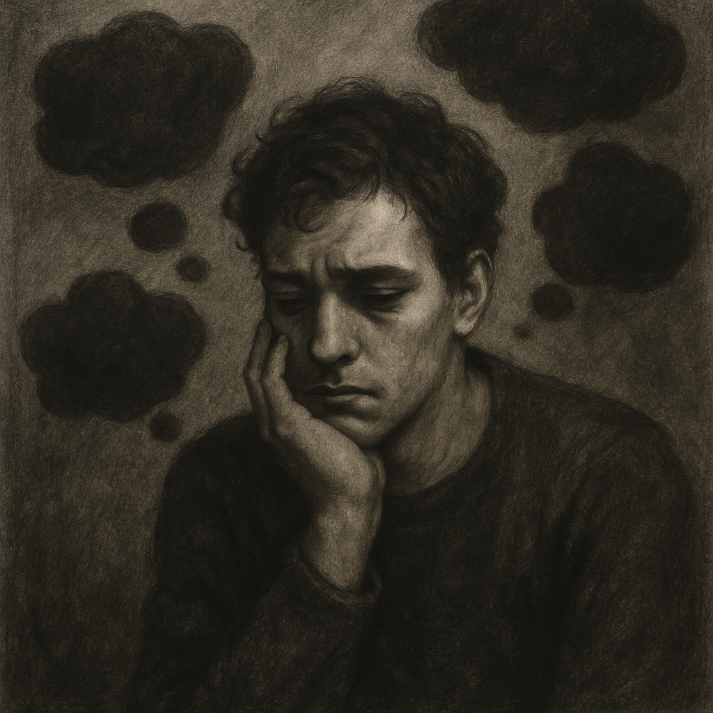 3 Dnevne misleće navike koje često iscrpljuju našu unutarnju mir i radost | A person in contemplation, surrounded by floating thoughts, with a somber atmosphere reflecting inner turmoil.