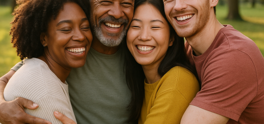 20 "Poruka za sebe" o voljenju ljudi (umjesto prosudbe ili ignoriranja) | A group of diverse people sharing smiles and hugs in a sunlit park.
