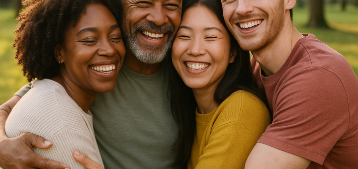 20 "Poruka za sebe" o voljenju ljudi (umjesto prosudbe ili ignoriranja) | A group of diverse people sharing smiles and hugs in a sunlit park.
