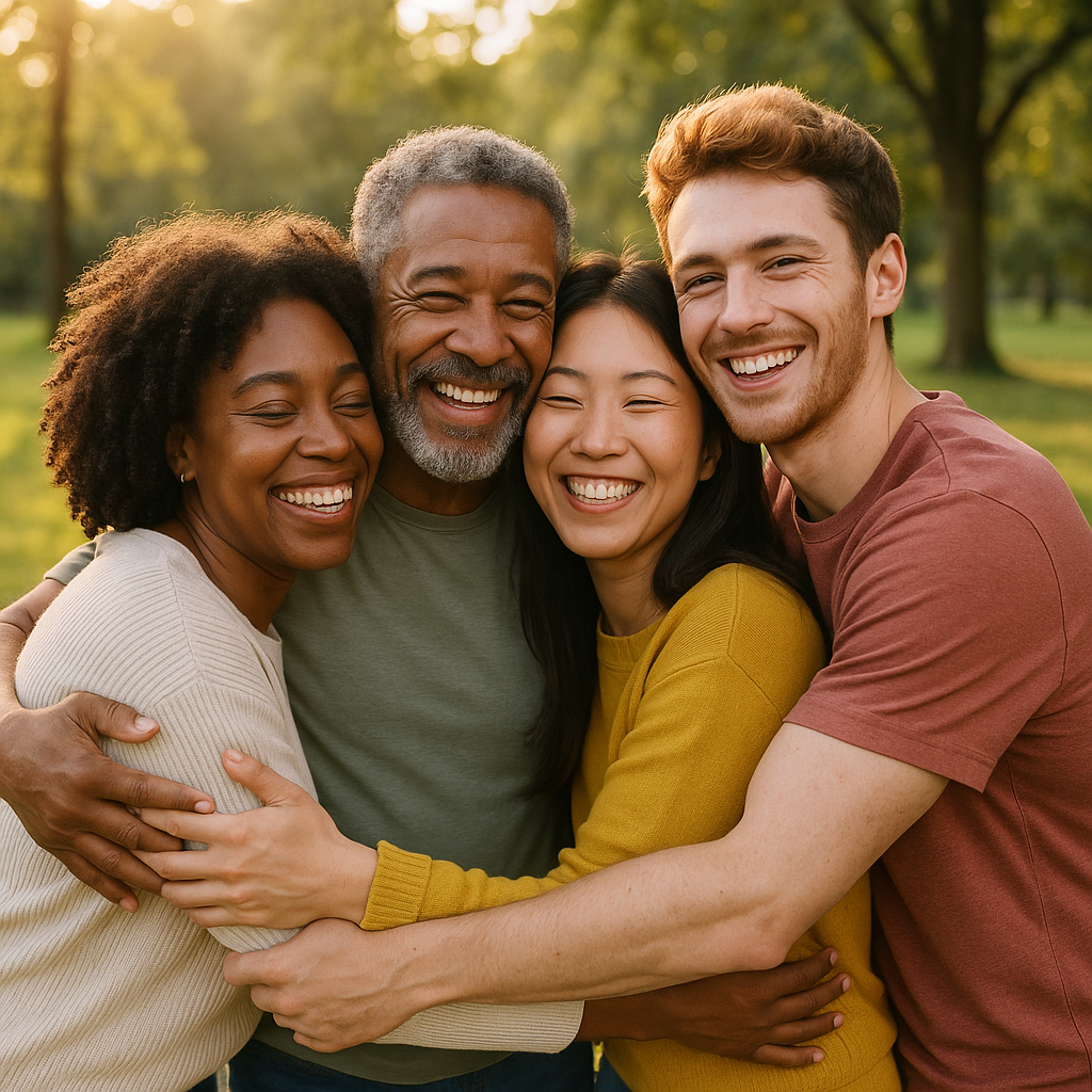 20 "Poruka za sebe" o voljenju ljudi (umjesto prosudbe ili ignoriranja) | A group of diverse people sharing smiles and hugs in a sunlit park.