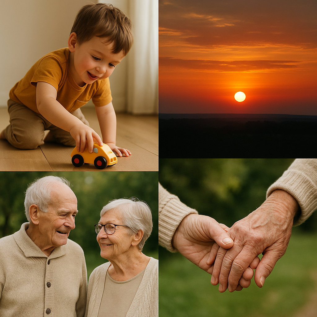 10 Bolno očitih istina o životu koje svi zaboravljaju | A collage of simple life moments, like a child playing, a sunset, and an elderly couple holding hands.