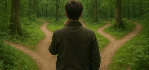 10 Važnih stvari koje predugo odgađamo za sebe | A thoughtful person standing at a crossroads, contemplating various paths in a lush green forest.