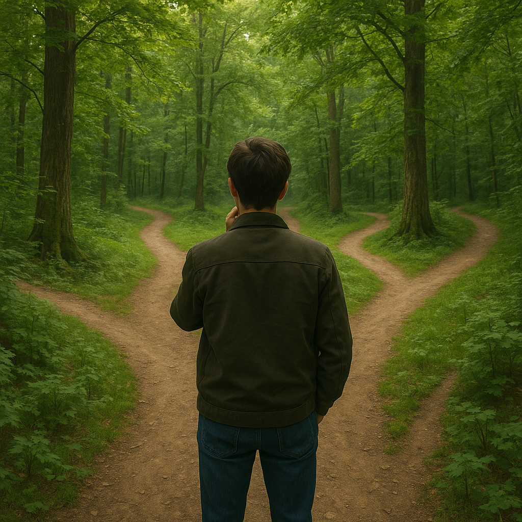 10 Važnih stvari koje predugo odgađamo za sebe | A thoughtful person standing at a crossroads, contemplating various paths in a lush green forest.