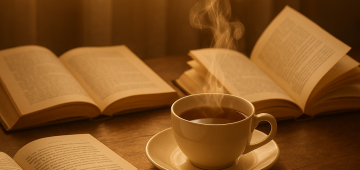 30 Citata i pitanja za smirenje uma i svakodnevnu jasnoću | A tranquil setting with open books and a steaming cup of tea, surrounded by soft, golden light.