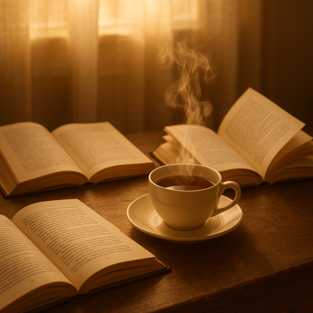 30 Citata i pitanja za smirenje uma i svakodnevnu jasnoću | A tranquil setting with open books and a steaming cup of tea, surrounded by soft, golden light.