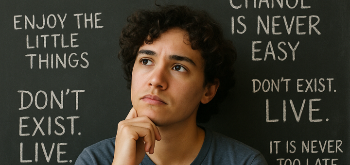 18 stvari koje bih volio da mi je netko rekao kada sam imao 18 godina | A thoughtful young adult reflecting on life, surrounded by meaningful quotes on a chalkboard.