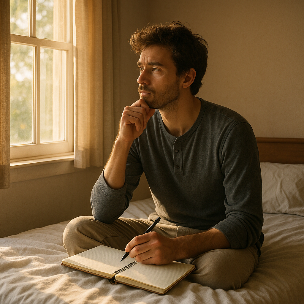 10 Buđenja za dane kada gubite motivaciju (i niste sigurni u ništa u životu) | A person sitting on a bed with a notepad, looking contemplative as morning sunlight streams through the window.