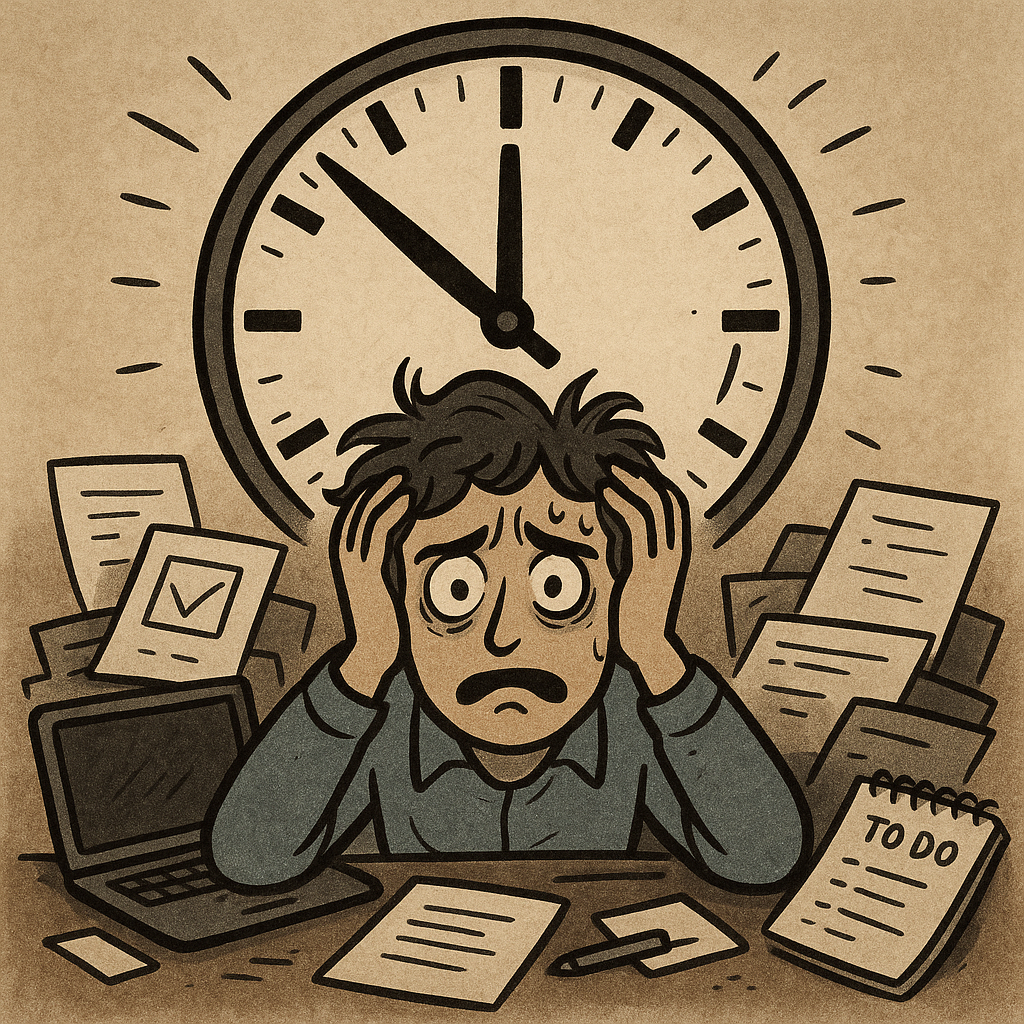 3 Razloga zašto će 90 posto nas danas odgađati (do prekasno) | A clock ticking down with a stressed person surrounded by unfinished tasks.