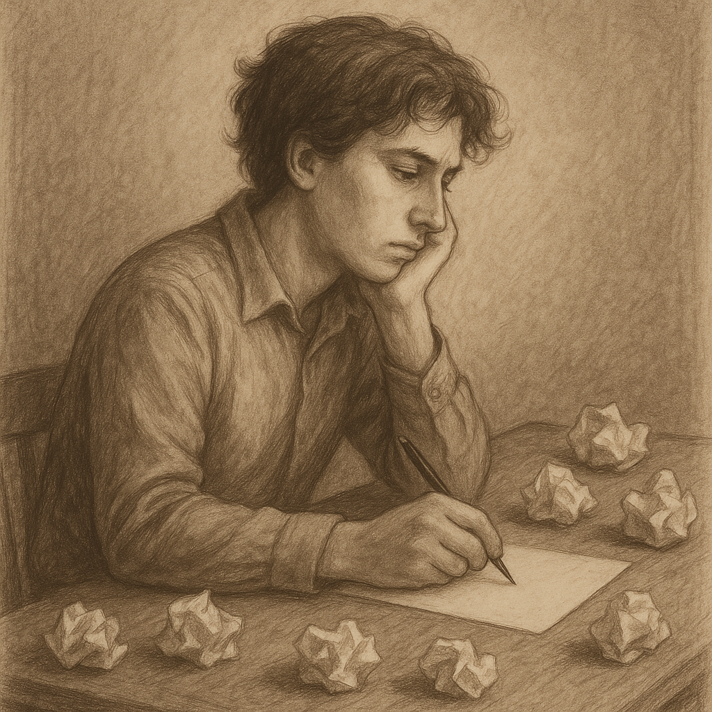 Otvoreno pismo svima koji lažu kako bi impresionirali druge | A thoughtful person sitting alone at a desk, writing a letter surrounded by crumpled papers.