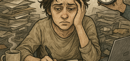 3 Dnevne navike koje često iscrpljuju 96 posto našeg potencijala u životu | A tired individual surrounded by clutter, looking overwhelmed while trying to focus on multiple tasks.