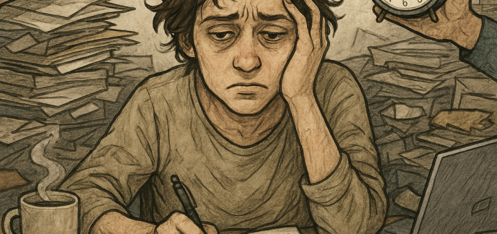3 Dnevne navike koje često iscrpljuju 96 posto našeg potencijala u životu | A tired individual surrounded by clutter, looking overwhelmed while trying to focus on multiple tasks.