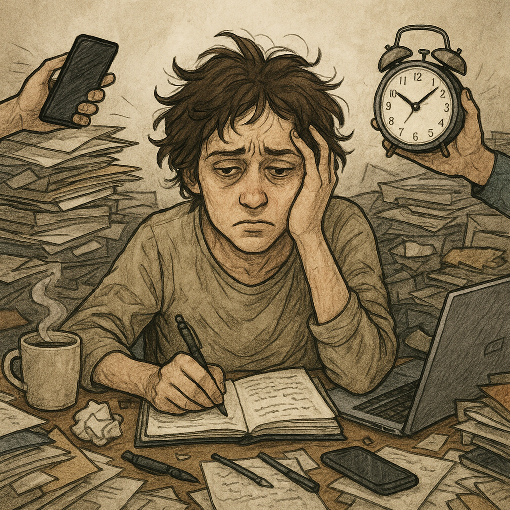 3 Dnevne navike koje često iscrpljuju 96 posto našeg potencijala u životu | A tired individual surrounded by clutter, looking overwhelmed while trying to focus on multiple tasks.