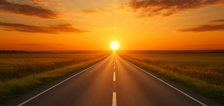 9 Temeljnih pravila za pretvaranje završetaka u nova početka | A road stretching into the horizon at sunrise, symbolizing new beginnings and endless possibilities.