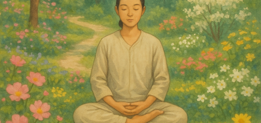 40 Značajnih pitanja za smirenje uma i svakodnevnu jasnoću | A tranquil scene of a person meditating in a peaceful garden, surrounded by blooming flowers.
