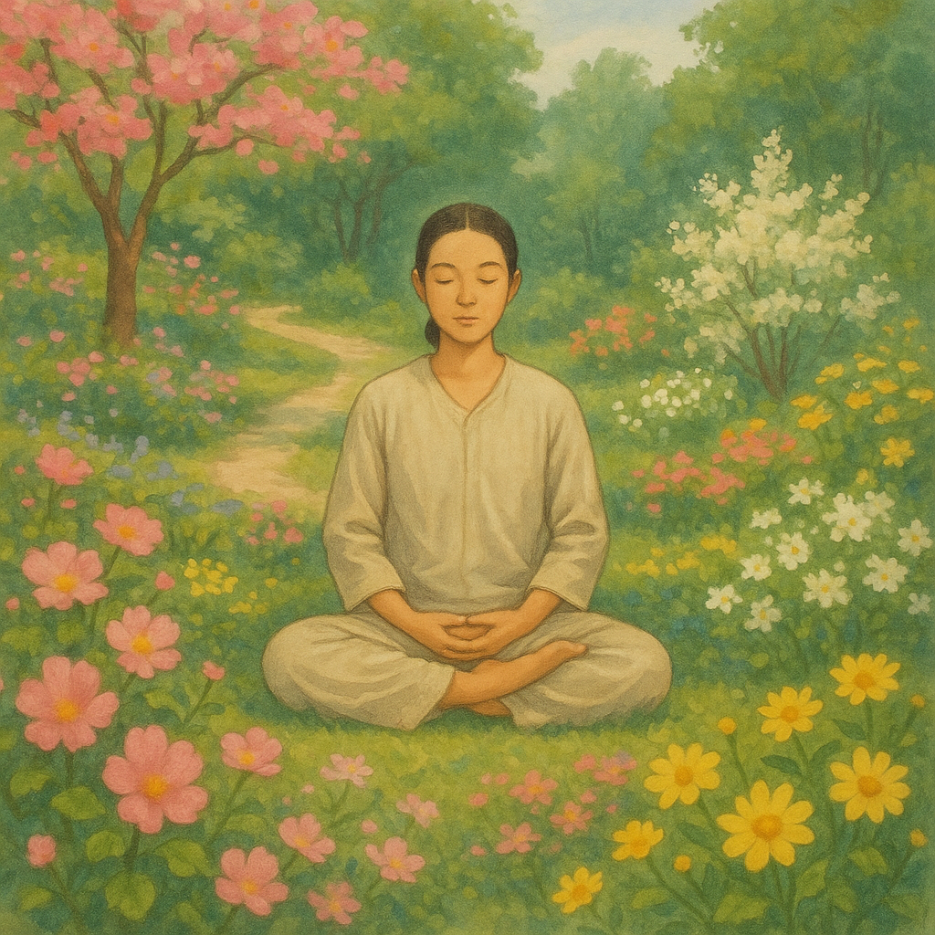 40 Značajnih pitanja za smirenje uma i svakodnevnu jasnoću | A tranquil scene of a person meditating in a peaceful garden, surrounded by blooming flowers.