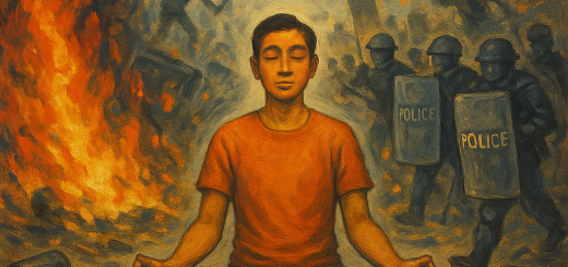 10 Načina kako ostati smiren i pribran kada su drugi izvan kontrole | A tranquil scene of a person meditating while chaos swirls around them.