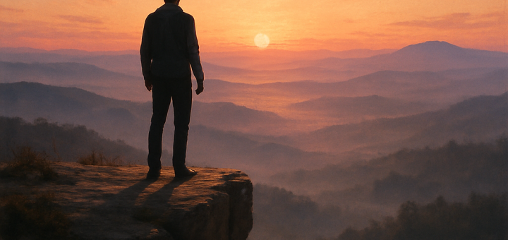 8 Buđenja koja trebate doživjeti u životu prije nego što bude kasno | A person standing on a cliff, overlooking a vast landscape at dawn, symbolizing realization and change.