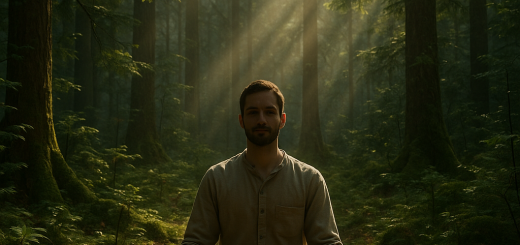 14 Svjesnih pravila za biti "ti" | A person meditating in a tranquil forest, surrounded by gentle rays of sunlight filtering through the trees.