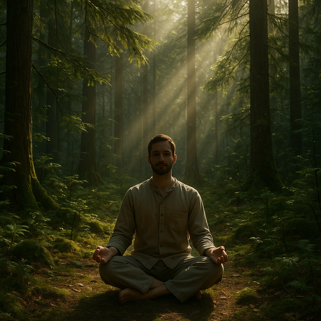 14 Svjesnih pravila za biti "ti" | A person meditating in a tranquil forest, surrounded by gentle rays of sunlight filtering through the trees.
