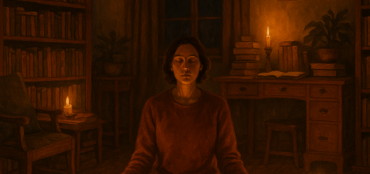 12 Tiših rituala nevjerojatno uspješnih ljudi | A cozy study with a person meditating, surrounded by books and soft candlelight.