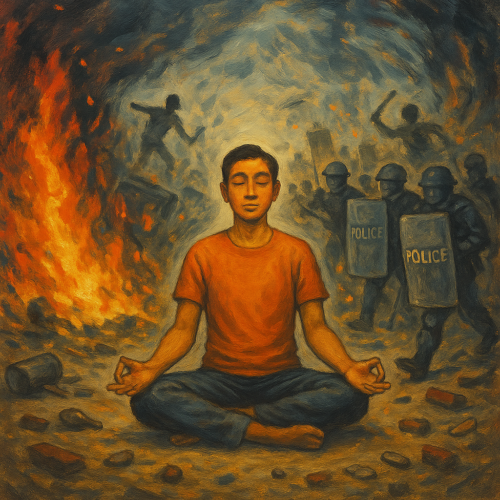 10 Načina kako ostati smiren i pribran kada su drugi izvan kontrole | A tranquil scene of a person meditating while chaos swirls around them.