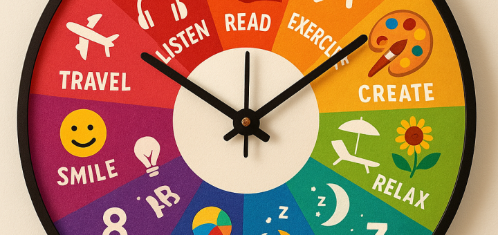 Primi izazov: 24 načina da sljedećih 24 sata učiniš značajnima i nezaboravnima | A vibrant clock with each hour represented by different uplifting activities and vibrant colors.