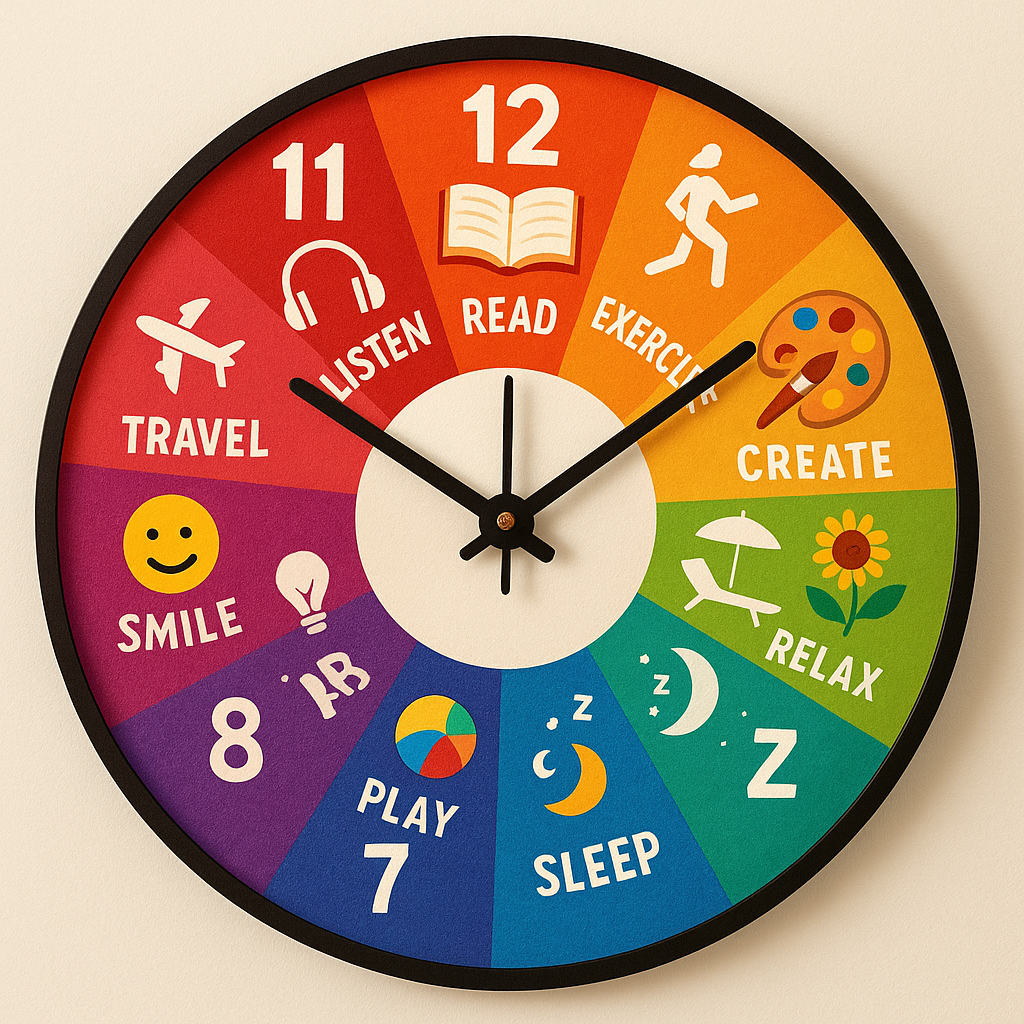 Primi izazov: 24 načina da sljedećih 24 sata učiniš značajnima i nezaboravnima | A vibrant clock with each hour represented by different uplifting activities and vibrant colors.