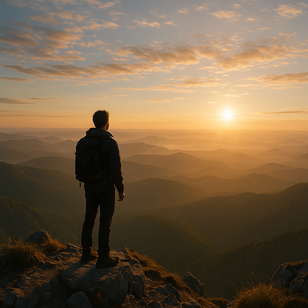 12 Obećanja koja trebate dati sebi i zauvijek ih ispuniti | A person standing on a mountain peak, looking at a vast horizon filled with hope and promise."