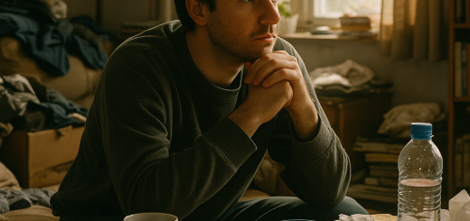 10 Dnevnih navika koje često iscrpljuju 90 posto naše sreće | A person looking contemplative while surrounded by cluttered daily life, with a hint of sunlight filtering through the window.