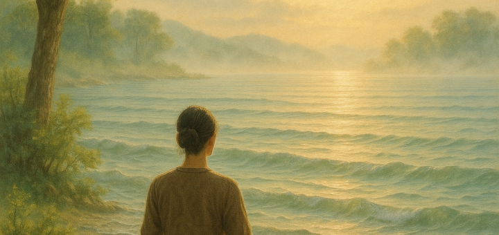 30 Svjesnih podsjetnika u trajanju od 5 sekundi za mir i jasnoću | A tranquil scene of a person meditating in nature with gentle waves and soft sunlight.
