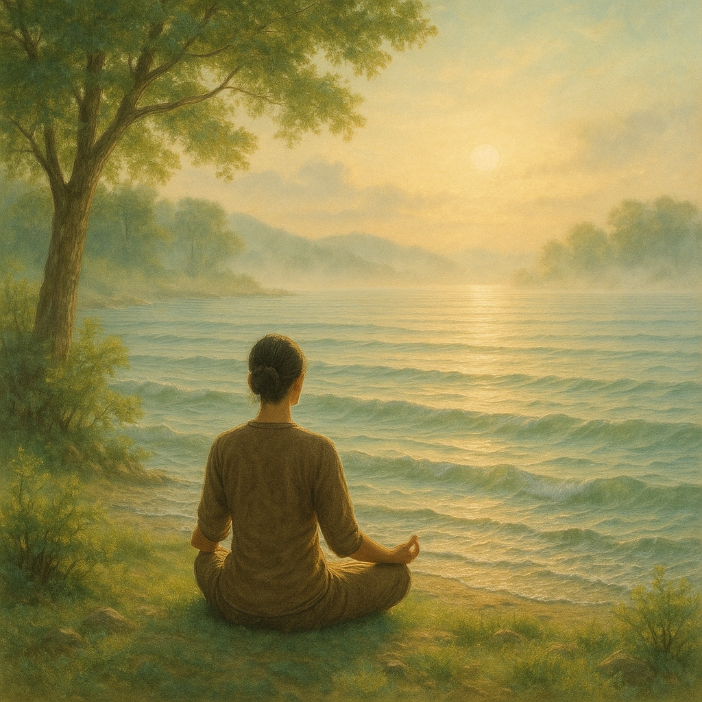 30 Svjesnih podsjetnika u trajanju od 5 sekundi za mir i jasnoću | A tranquil scene of a person meditating in nature with gentle waves and soft sunlight.