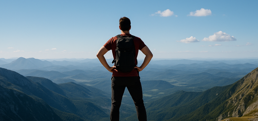 10 Stvari koje nikome ne dugujete osim sebi | A person standing confidently on a mountain peak, looking at a vast landscape under a bright blue sky.
