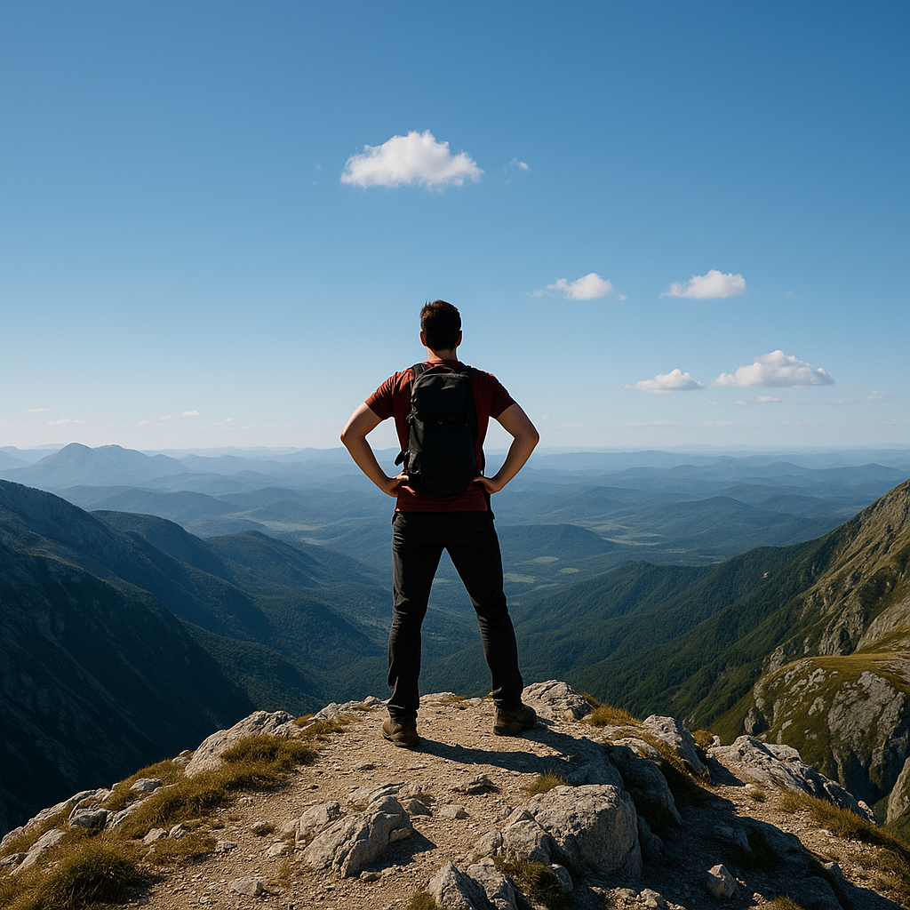 10 Stvari koje nikome ne dugujete osim sebi | A person standing confidently on a mountain peak, looking at a vast landscape under a bright blue sky.