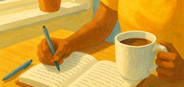 6 Tajnih navika optimista i kako i vi možete postati optimističniji | A bright, cheerful scene of a person journaling with a cup of coffee in a sunlit room.