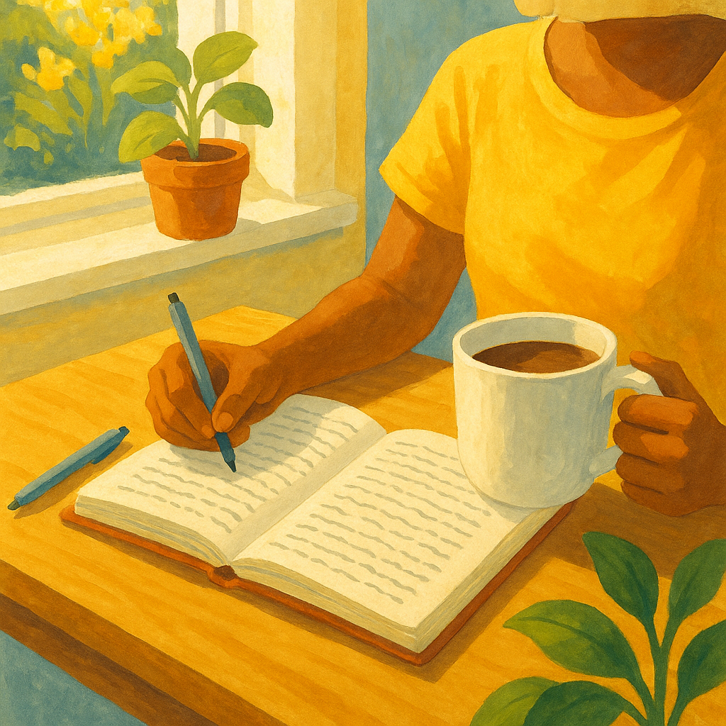 6 Tajnih navika optimista i kako i vi možete postati optimističniji | A bright, cheerful scene of a person journaling with a cup of coffee in a sunlit room.