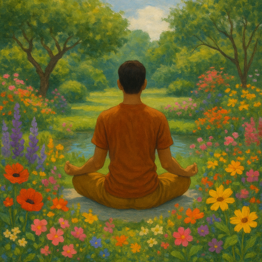 7 Načina kako zaštititi svoj mir od negativnosti drugih | A tranquil scene of a person meditating in a serene garden surrounded by vibrant flowers.