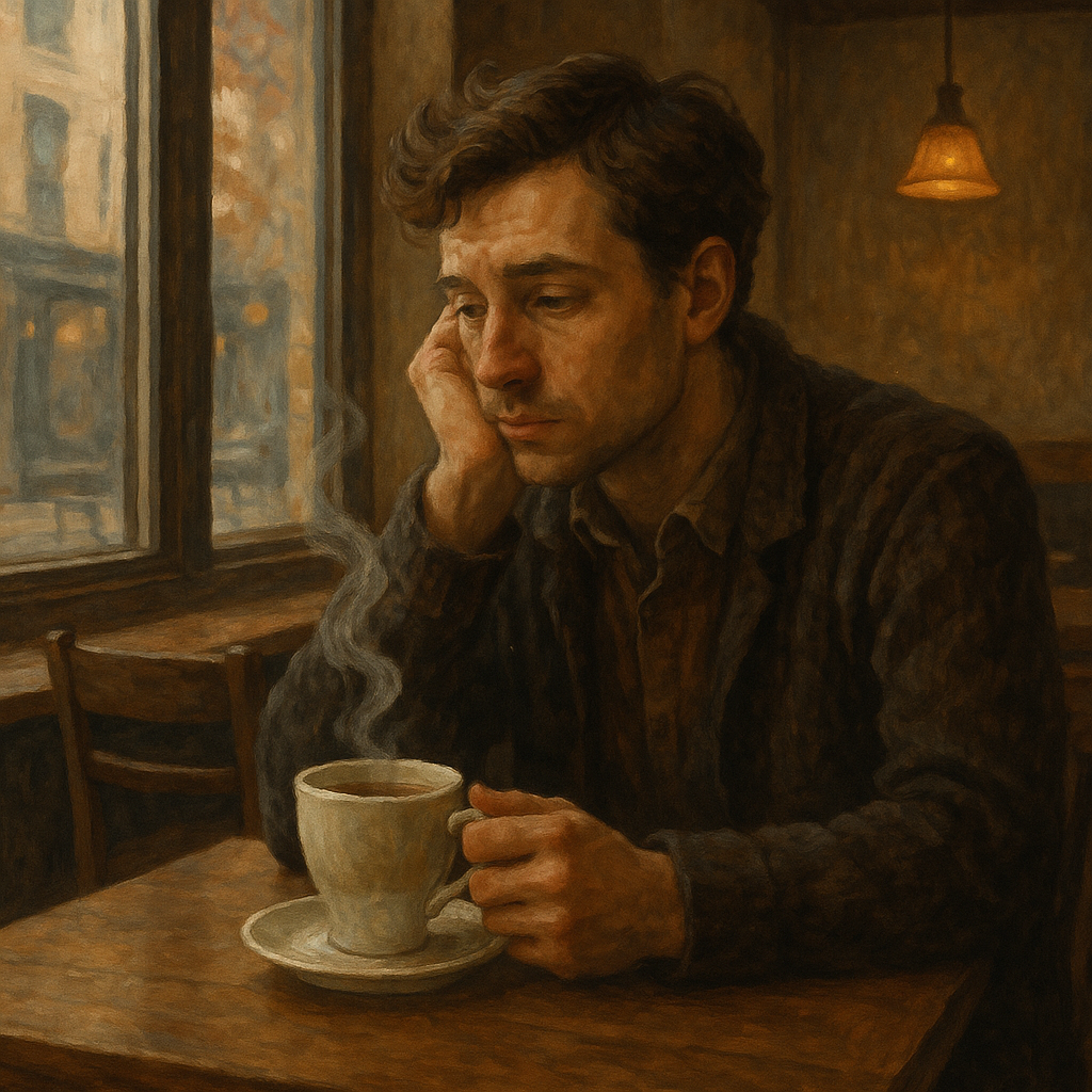 Otvoreno pismo onima koji nikada nisu prioritizirali sebe | A thoughtful person sitting alone in a cozy café, reflecting on life with a steaming cup of tea.