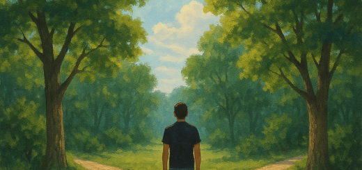 16 Svjesnih podsjetnika u 10 sekundi za jasnost na životnim raskrižjima | A person standing at a crossroads, surrounded by trees, contemplating their path under a bright sky.