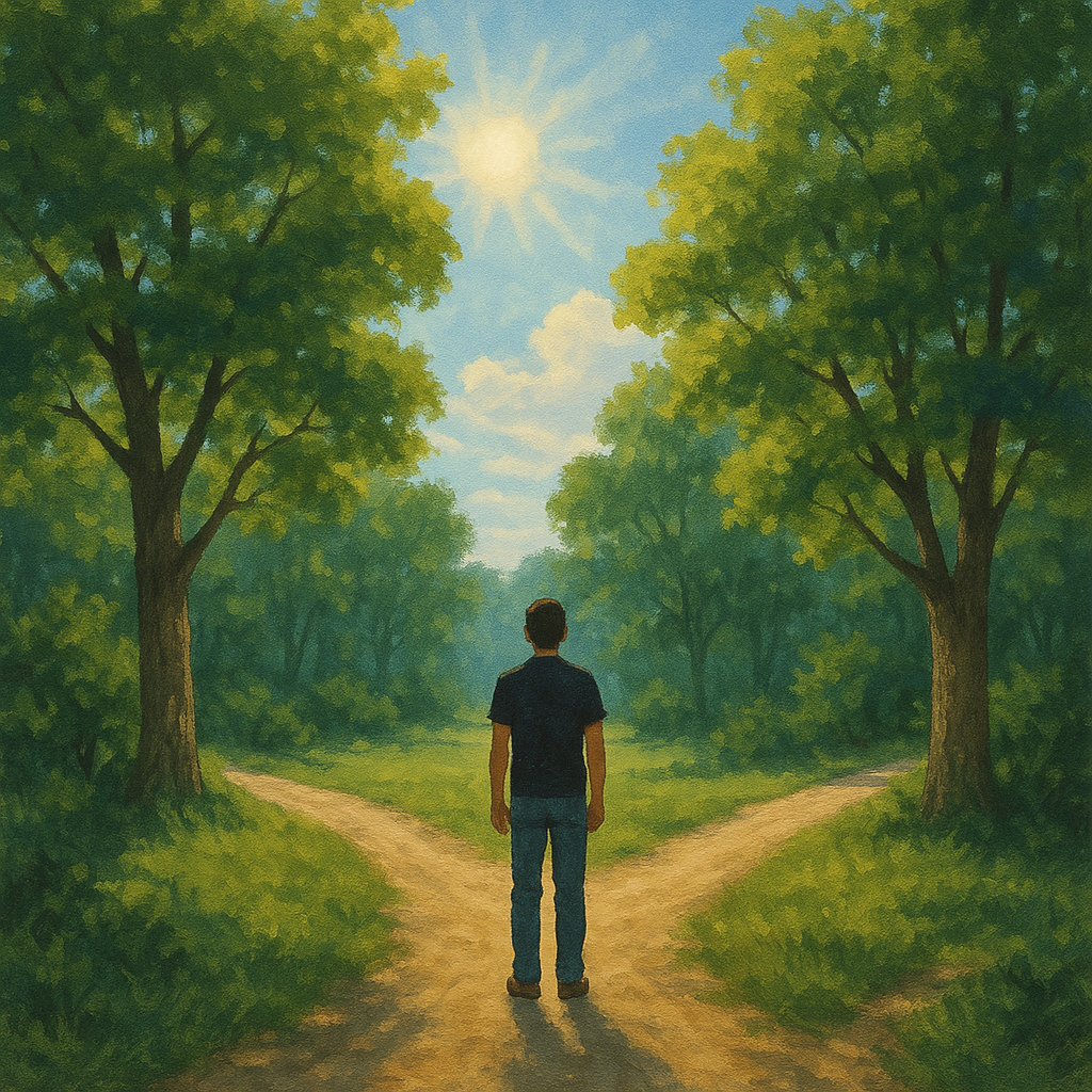 16 Svjesnih podsjetnika u 10 sekundi za jasnost na životnim raskrižjima | A person standing at a crossroads, surrounded by trees, contemplating their path under a bright sky.