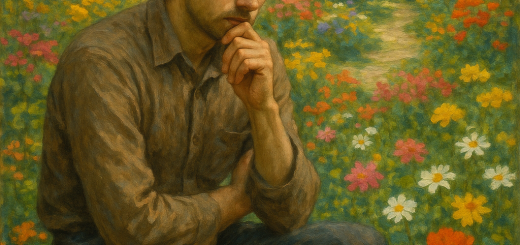 50 Pitanja koja će osloboditi tvoj um | A person pondering thoughtfully in a tranquil garden, surrounded by vibrant flowers.