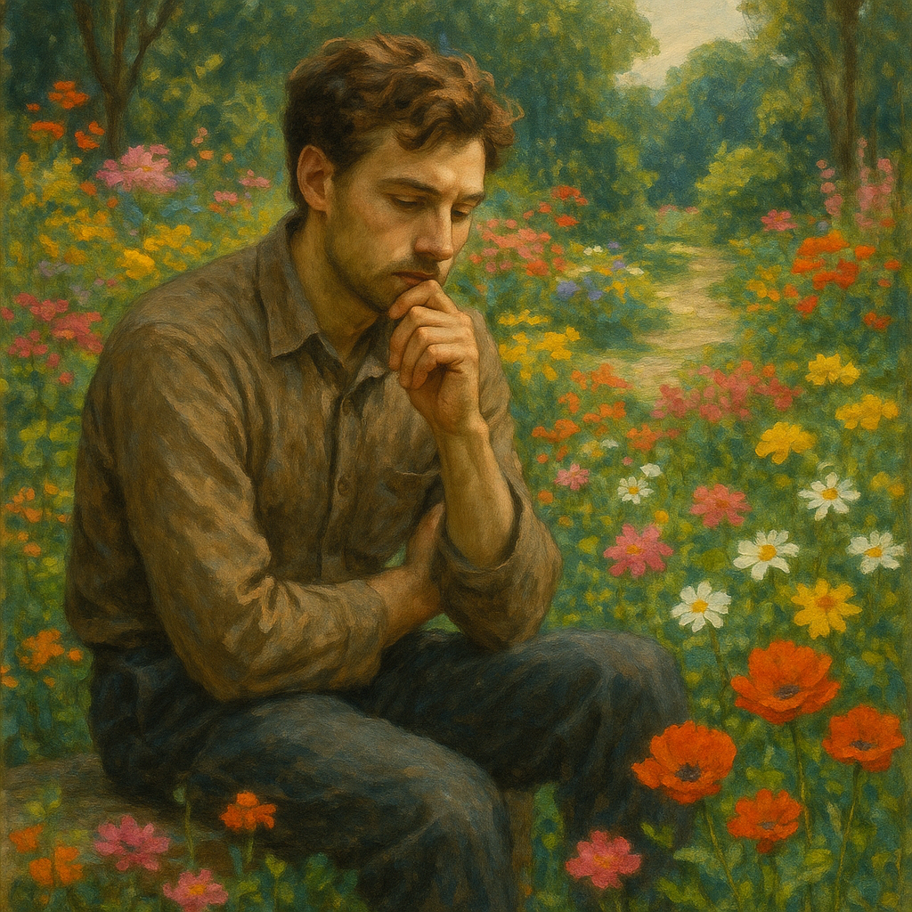 50 Pitanja koja će osloboditi tvoj um | A person pondering thoughtfully in a tranquil garden, surrounded by vibrant flowers.