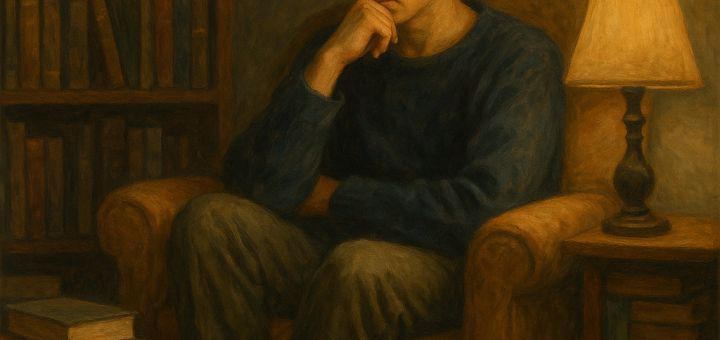 10 Stvari o kojima svi prečesto razmišljamo | A contemplative person sitting in a cozy armchair, surrounded by thought-provoking books and soft lighting.