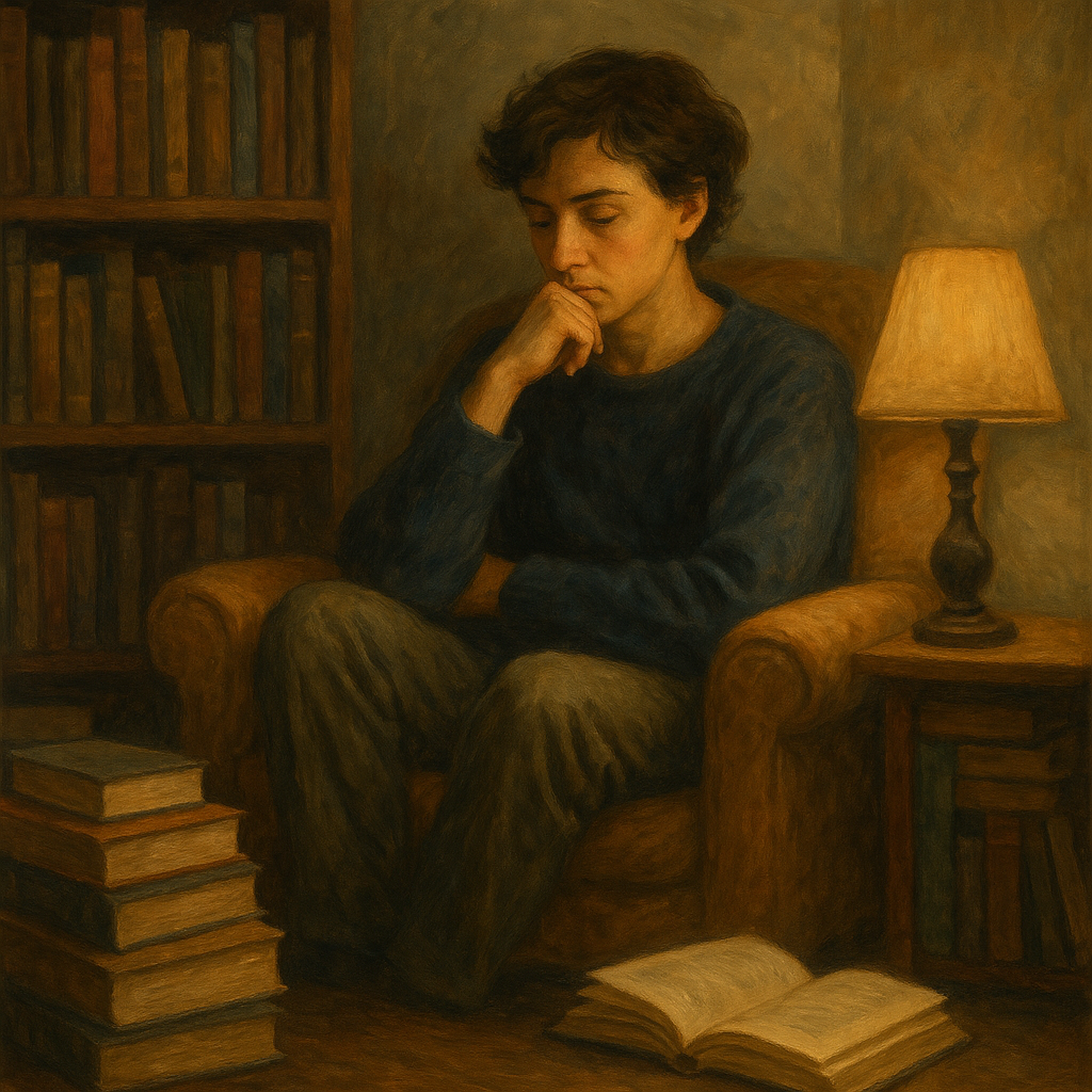 10 Stvari o kojima svi prečesto razmišljamo | A contemplative person sitting in a cozy armchair, surrounded by thought-provoking books and soft lighting.