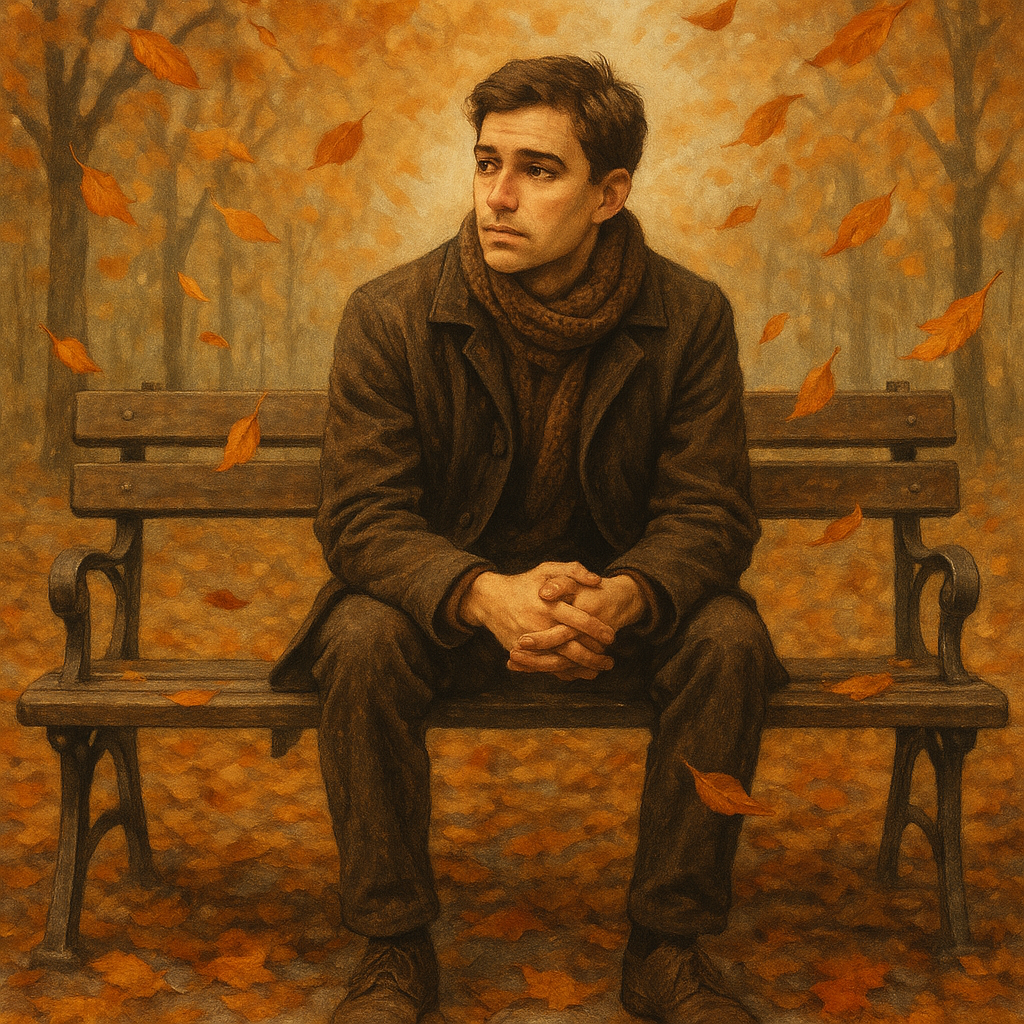 Dvogodišnja priča za one koji su preopterećeni (i ne znaju što učiniti sljedeće) | A person sitting on a park bench, looking thoughtful, surrounded by autumn leaves falling gently.