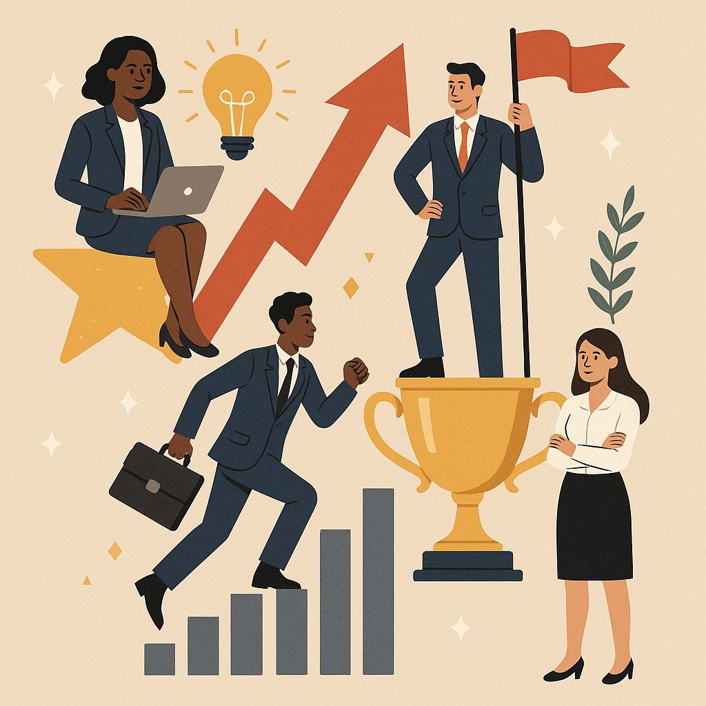 12 Stvari koje uspješni ljudi čine drugačije u životu | A diverse group of successful individuals engaged in various activities, surrounded by symbols of achievement and determination.