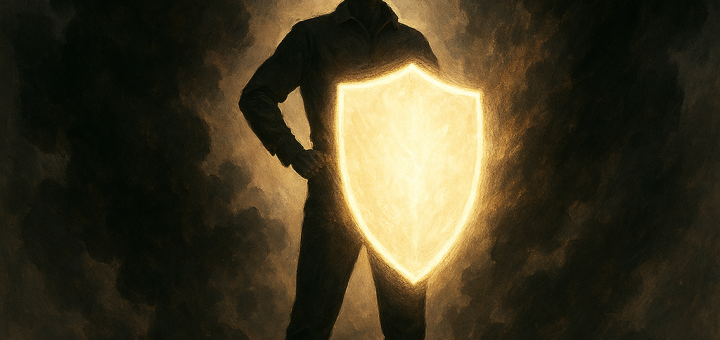 10 Bitnih Načina da Se Oduprete Negativnosti | A person standing confidently with a shield made of light, surrounded by dark clouds dissipating.