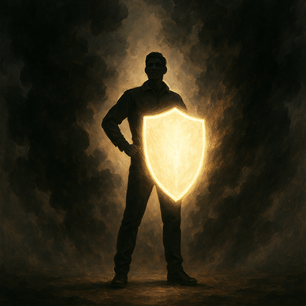 10 Bitnih Načina da Se Oduprete Negativnosti | A person standing confidently with a shield made of light, surrounded by dark clouds dissipating.