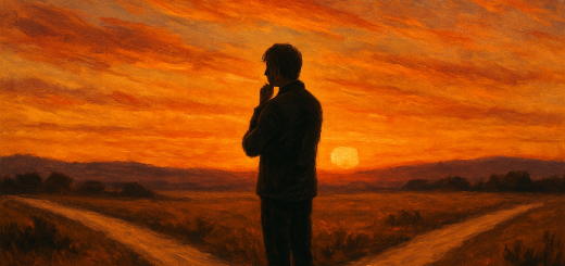 1 Važan korak u životu koji često napravimo previše kasno | A thoughtful person standing at a crossroads with a sunset in the background, contemplating their journey.